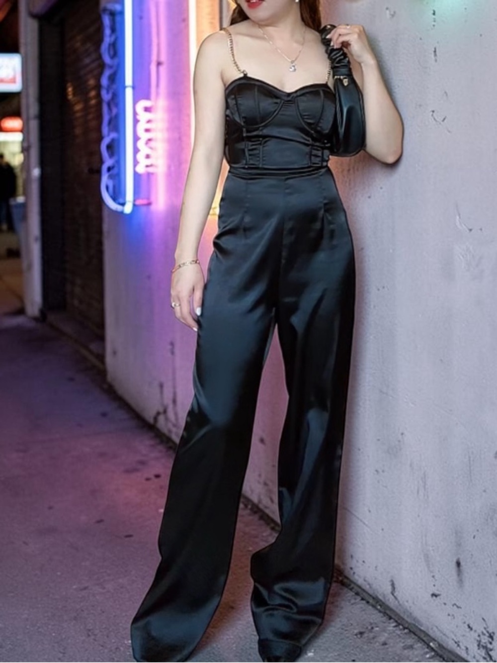 Guess Satin Wide-Leg Jumpsuit with Corset Bodice - Black size XS